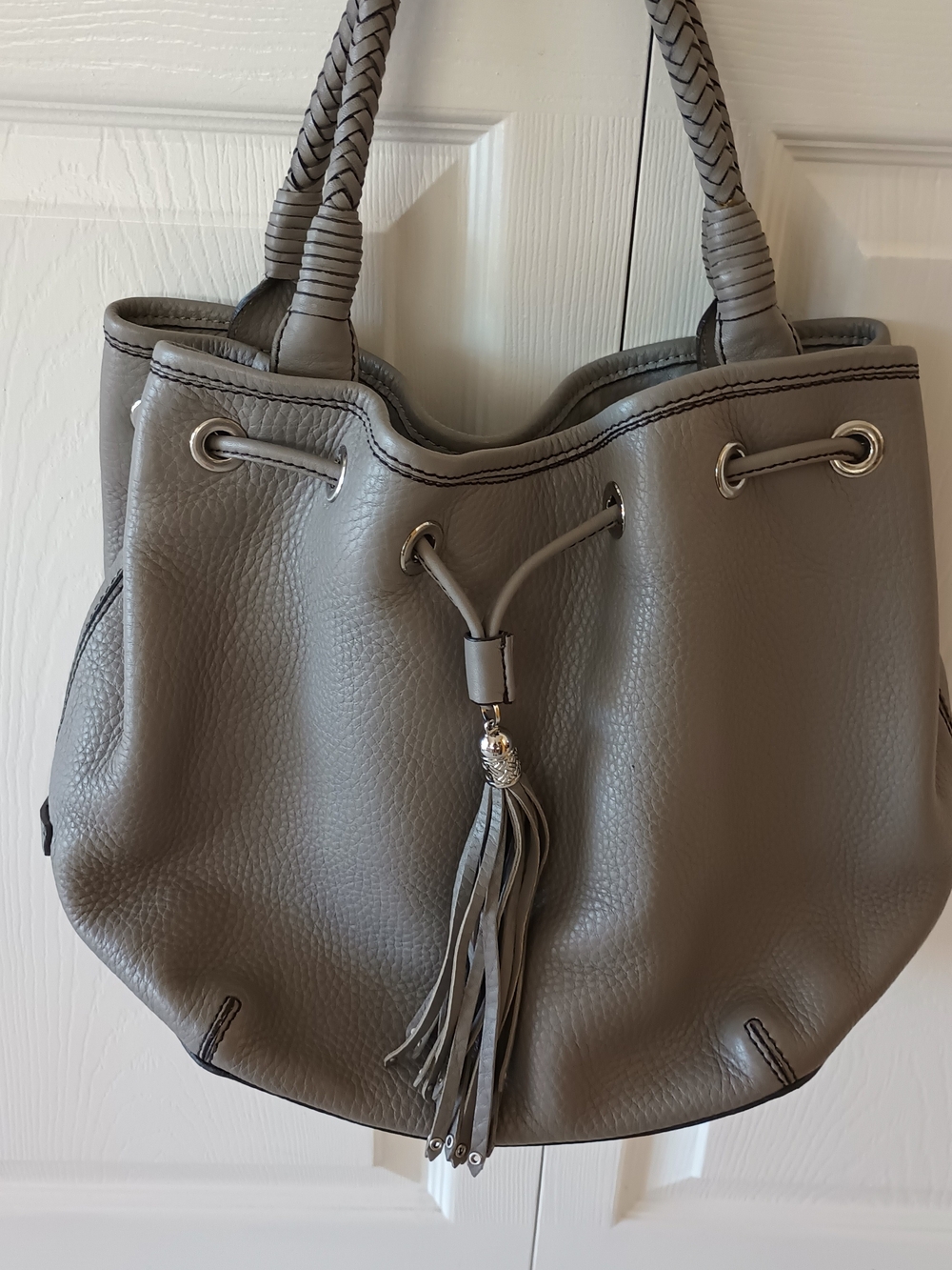 Cole Haan Pearl Gray Leather Tassel Shoulder Bag